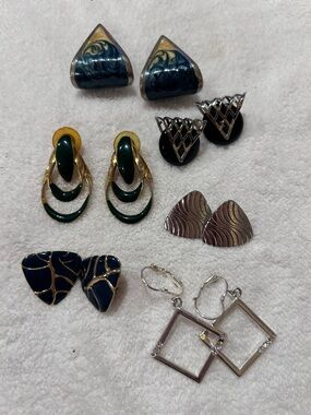 Lot of Dark Green and Silver Geometric Drop Earrings 6 pairs